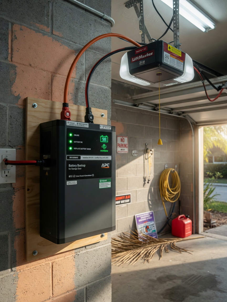 Ultra-realistic 8K photo of a battery backup unit installed next to a garage door opener, green indicator lights on, professional installation, Florida garage setting