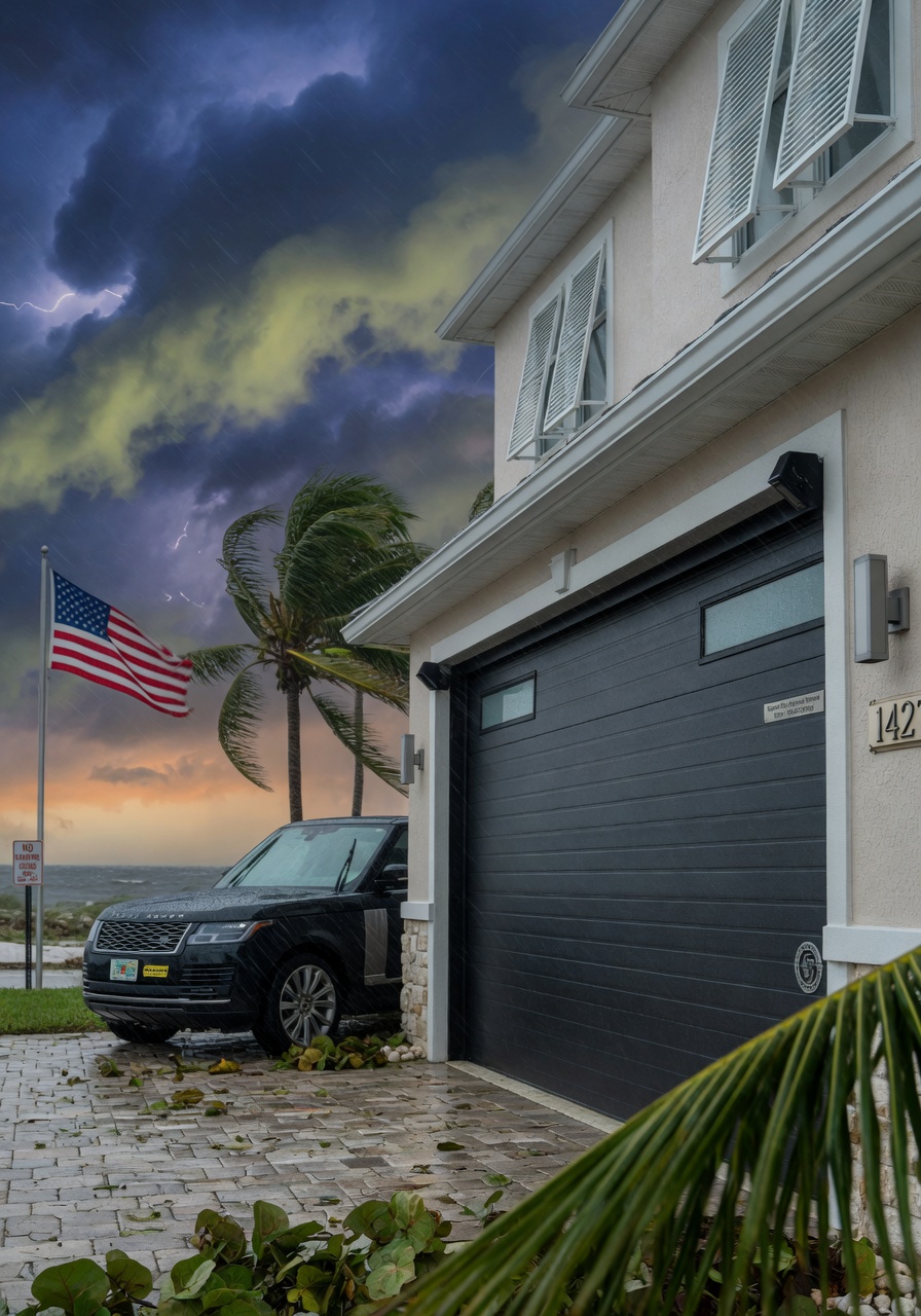 Hurricane-resistant impact-rated garage door on a coastal Southwest Florida luxury home during approaching storm, dramatic clouds, realistic weather conditions