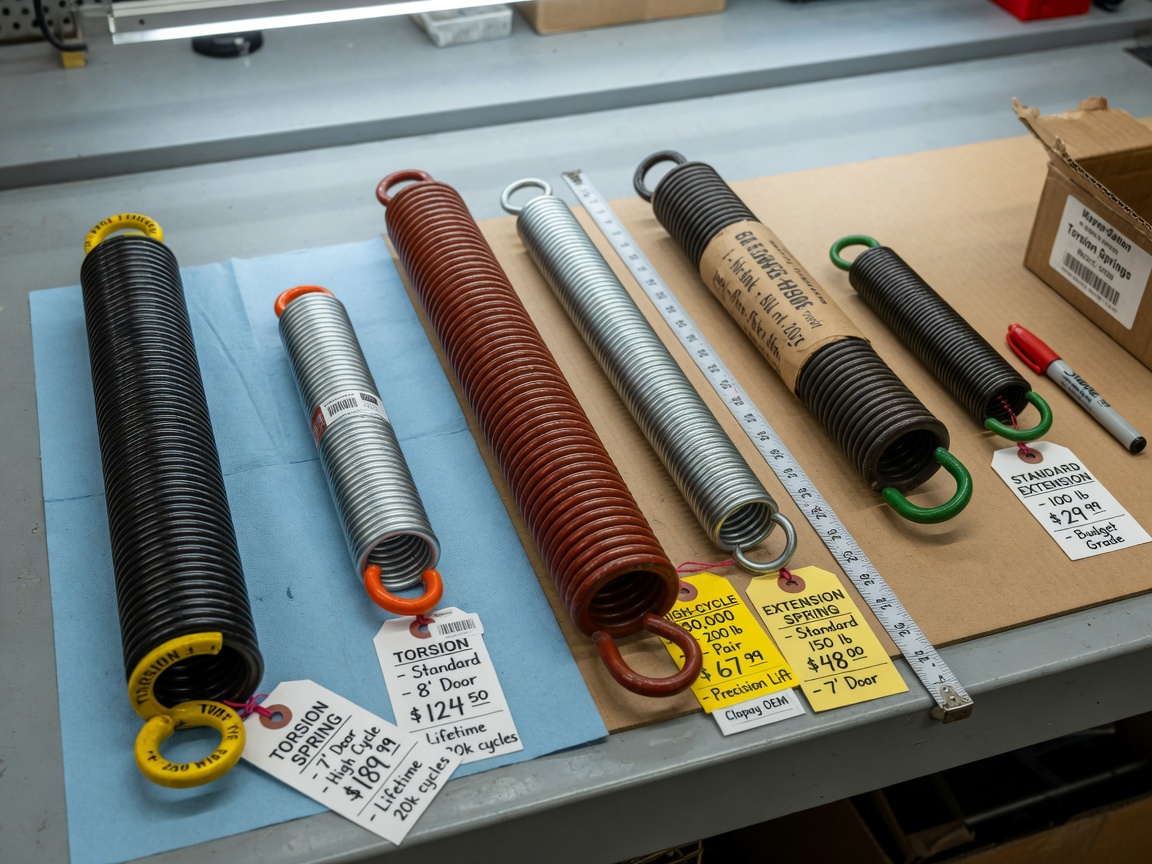 Ultra-realistic 8K photo of various garage door springs laid out on a clean workbench including torsion, extension, high-cycle, and standard springs with price tags