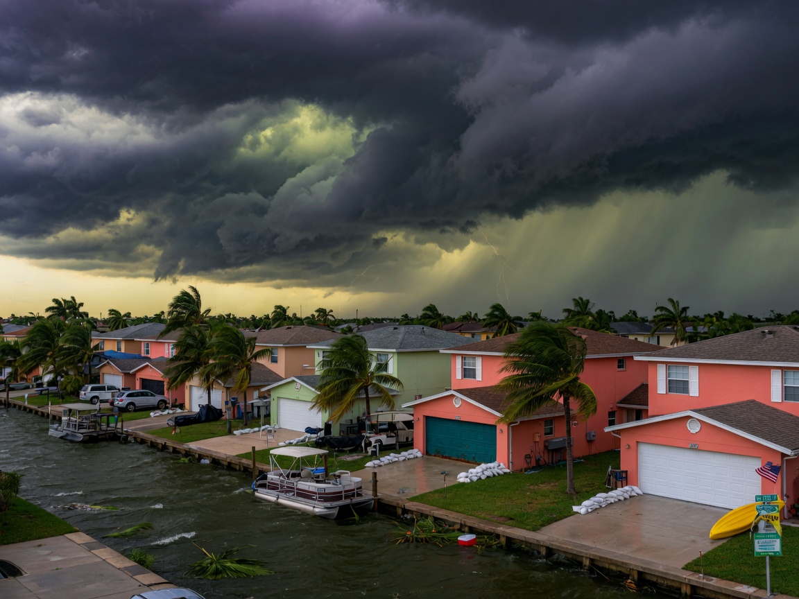 Dramatic 8K image of dark storm clouds gathering over a Cape Coral waterfront neighborhood with homes featuring prominent garage doors, approaching hurricane feel