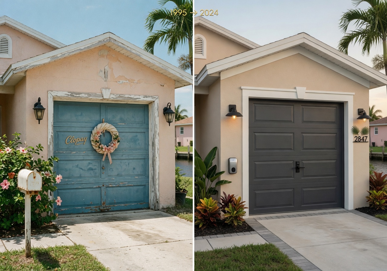 Before and after ultra-realistic transformation of a dated 1990s garage door replaced with a beautiful modern insulated door, same Cape Coral house, side-by-side comparison