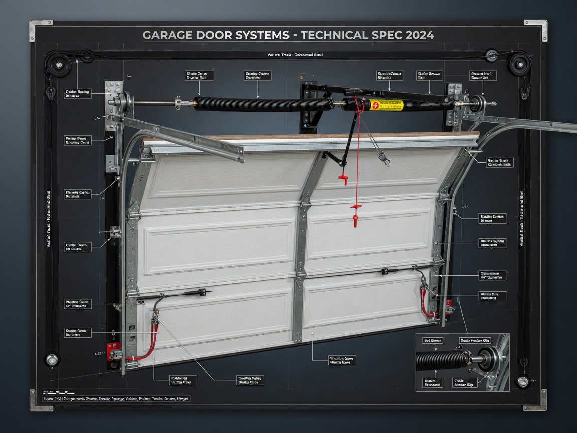 Professional 8K image of a complete garage door system diagram with torsion springs, cables, rollers, and tracks clearly labeled, technical illustration style with realistic textures