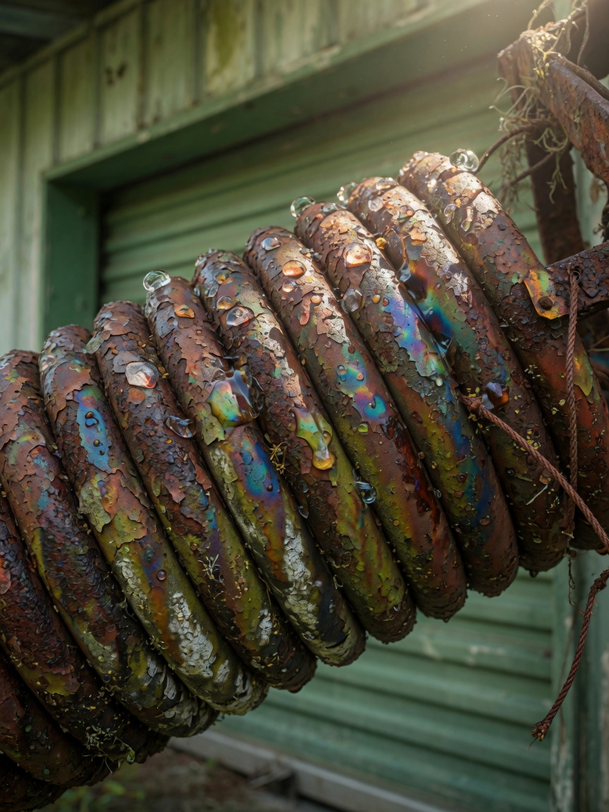 Extreme close-up 8K photograph of a worn rusted garage door spring in humid Florida conditions, showing corrosion and wear, highly detailed textures