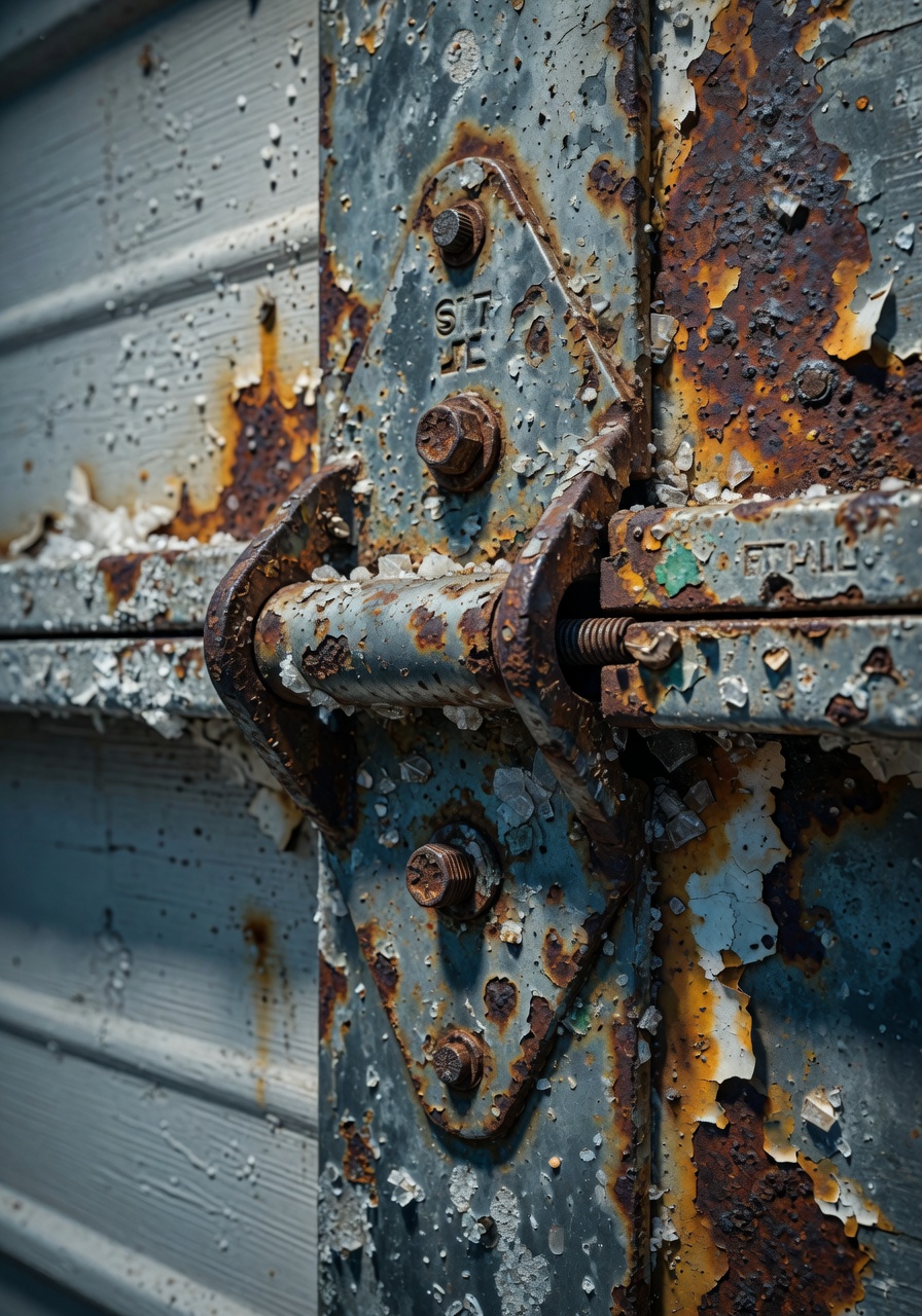 Corroded metal garage door hardware affected by salt air corrosion in coastal Florida, extreme close-up detail showing rust and pitting, technical macro photography