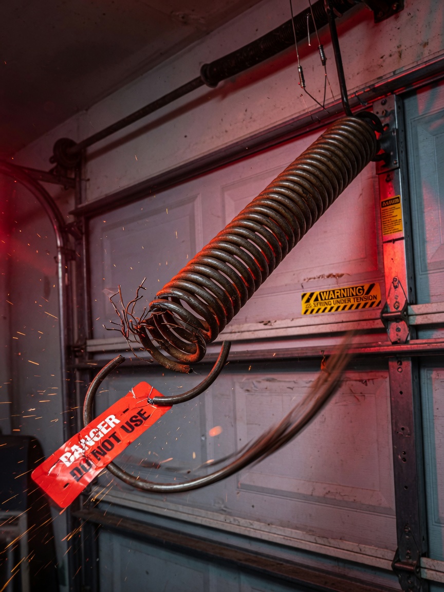 8K dramatic action shot of a dangerous broken extension spring whipping near a garage door, warning concept, red warning tones