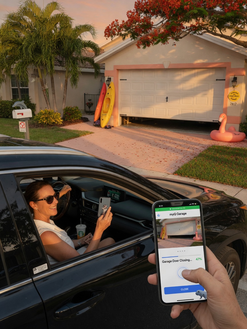 Photorealistic 8K image of a homeowner successfully using a smartphone to close their garage door from inside an SUV in a Cape Coral driveway, golden hour lighting