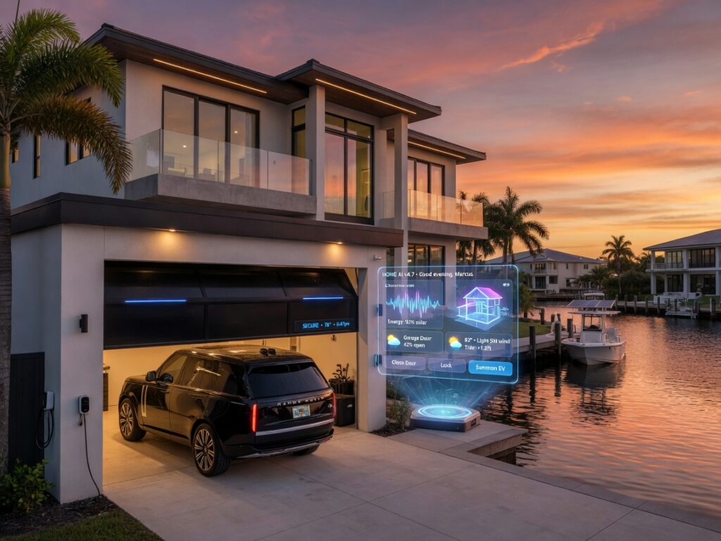 Ultra-realistic 8K photograph of a modern waterfront home in Cape Coral Florida at sunset with a sleek smart garage door partially open revealing a luxury SUV inside, AI interface holographic display floating nearby, dramatic golden hour lighting, highly detailed architectural elements