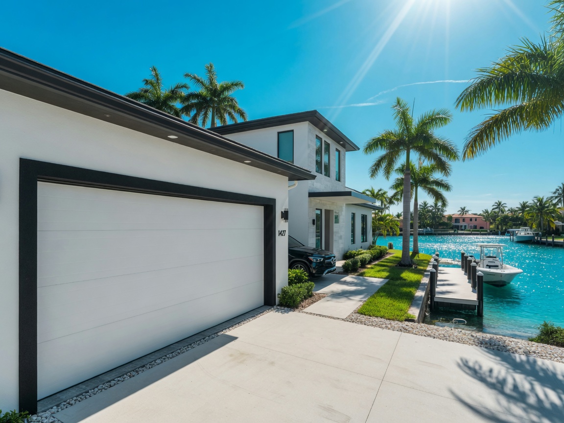 Ultra-realistic 8K photograph of a modern Cape Coral waterfront home with a white garage door featuring high-quality black weather stripping, bright Florida sunshine, palm trees in background, crystal clear blue sky