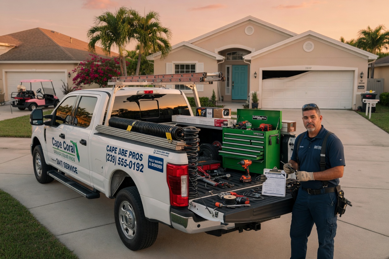 Ultra-realistic 8K photograph of a professional garage door repair technician in uniform arriving at a modern Cape Coral Florida home with a fully stocked service truck in the driveway during golden hour lighting, showing detailed tools and springs visible in the truck bed