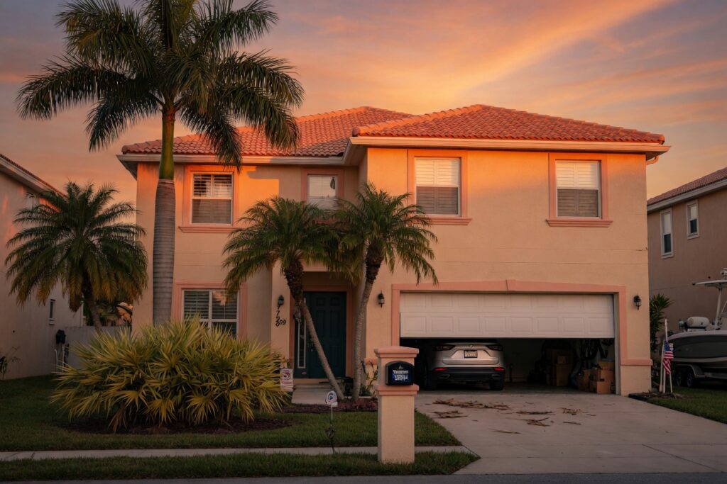 Ultra-realistic 8K photo of a modern Cape Coral Florida suburban home with a white garage door partially open during golden hour sunset, showing detailed stucco exterior and palm trees in foreground, cinematic lighting
