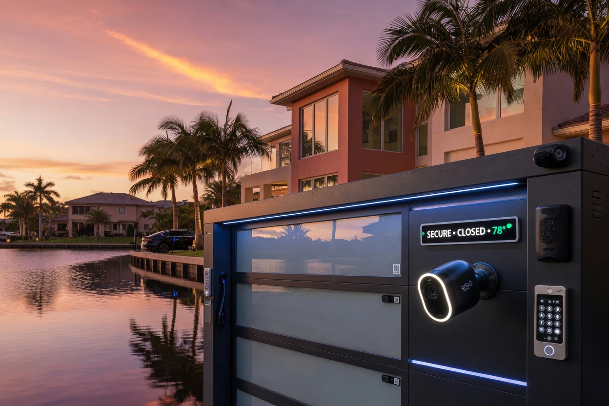 Ultra-realistic 8K photograph of a modern smart garage door system installed on a luxury waterfront home in Cape Coral Florida at sunset with palm trees and reflective water, showing illuminated LED status lights and security camera
