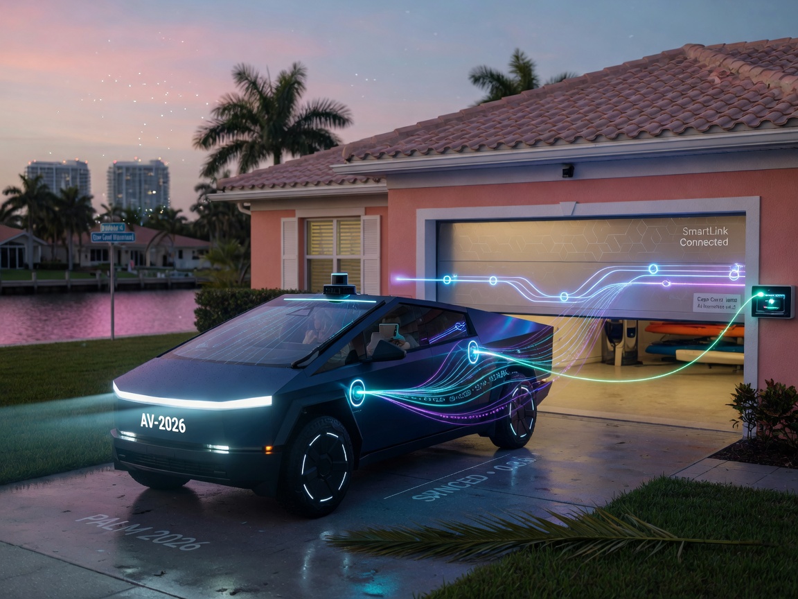 Futuristic 8K visualization of AI smart garage door integration with autonomous vehicle approaching a Cape Coral home in 2026, seamless connectivity shown with light trails