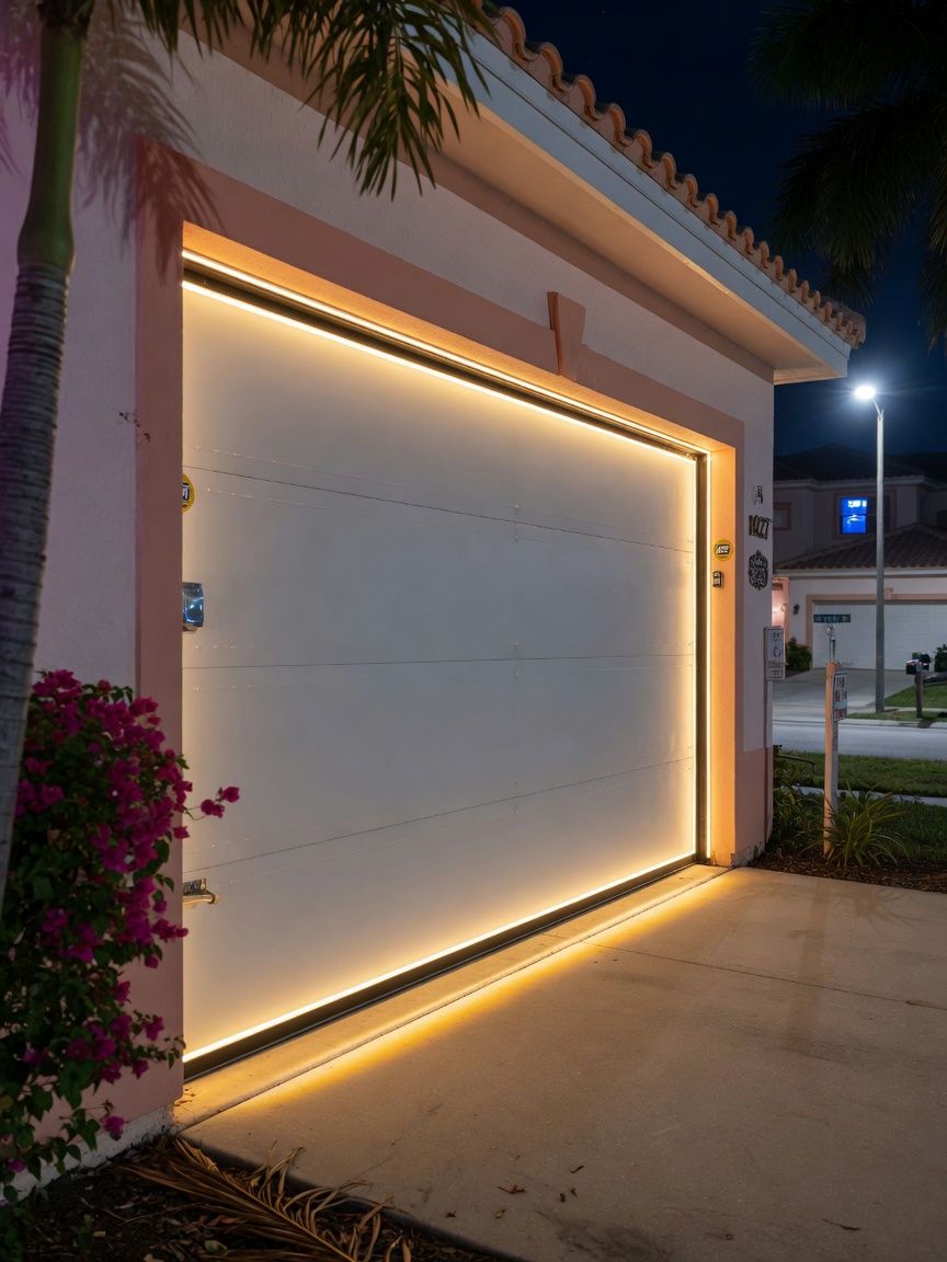 Nighttime exterior shot of a well-sealed garage door in a Cape Coral neighborhood with warm interior light glowing around perfectly sealed edges