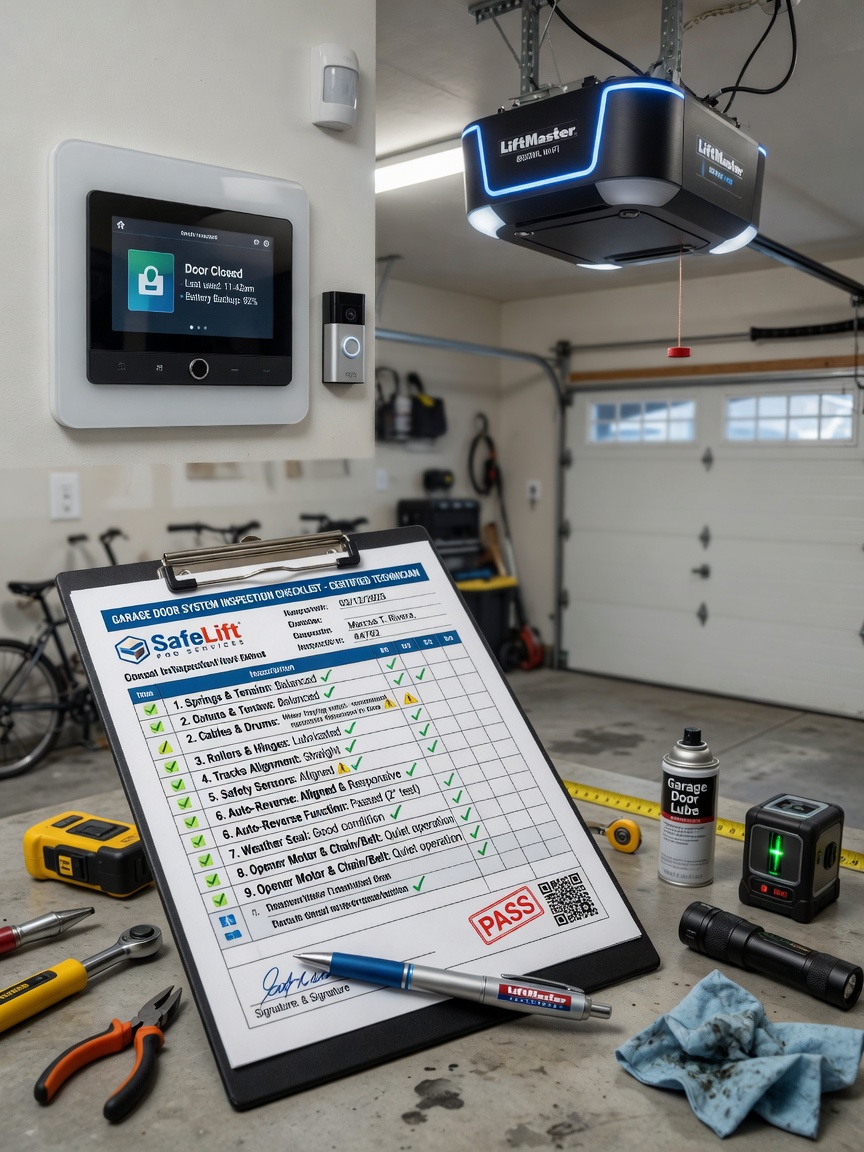 Professional 8K image of a complete garage door system inspection checklist on a clipboard with tools and a modern smart garage door opener in background