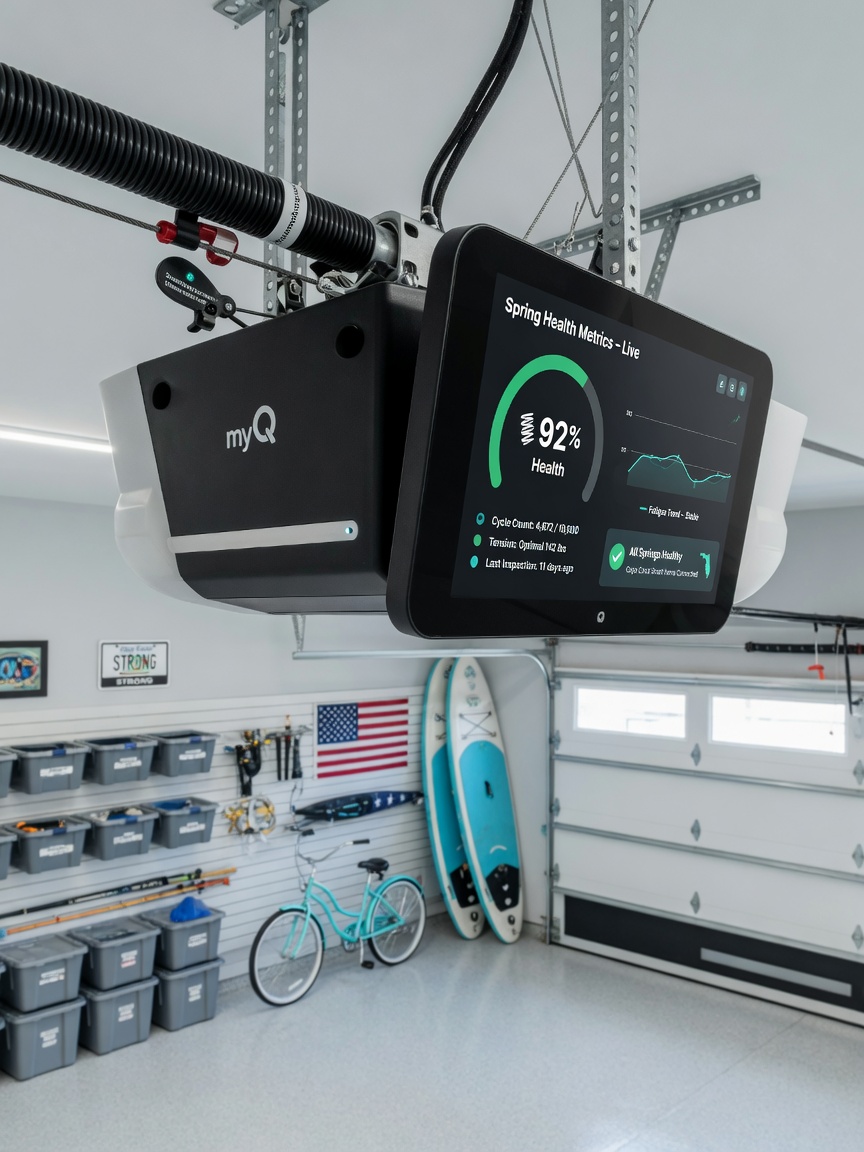 Modern smart garage door system with digital monitoring display showing spring health metrics, installed in a clean organized Cape Coral garage, 8K photorealistic