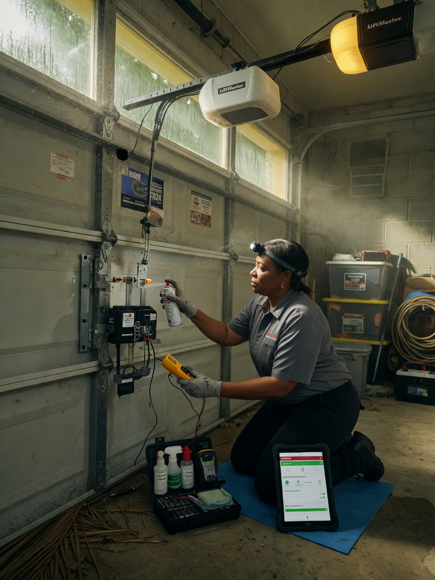Maintenance technician performing quarterly service on smart garage door system in humid Florida garage, checking sensors, applying corrosion inhibitor, realistic workshop lighting
