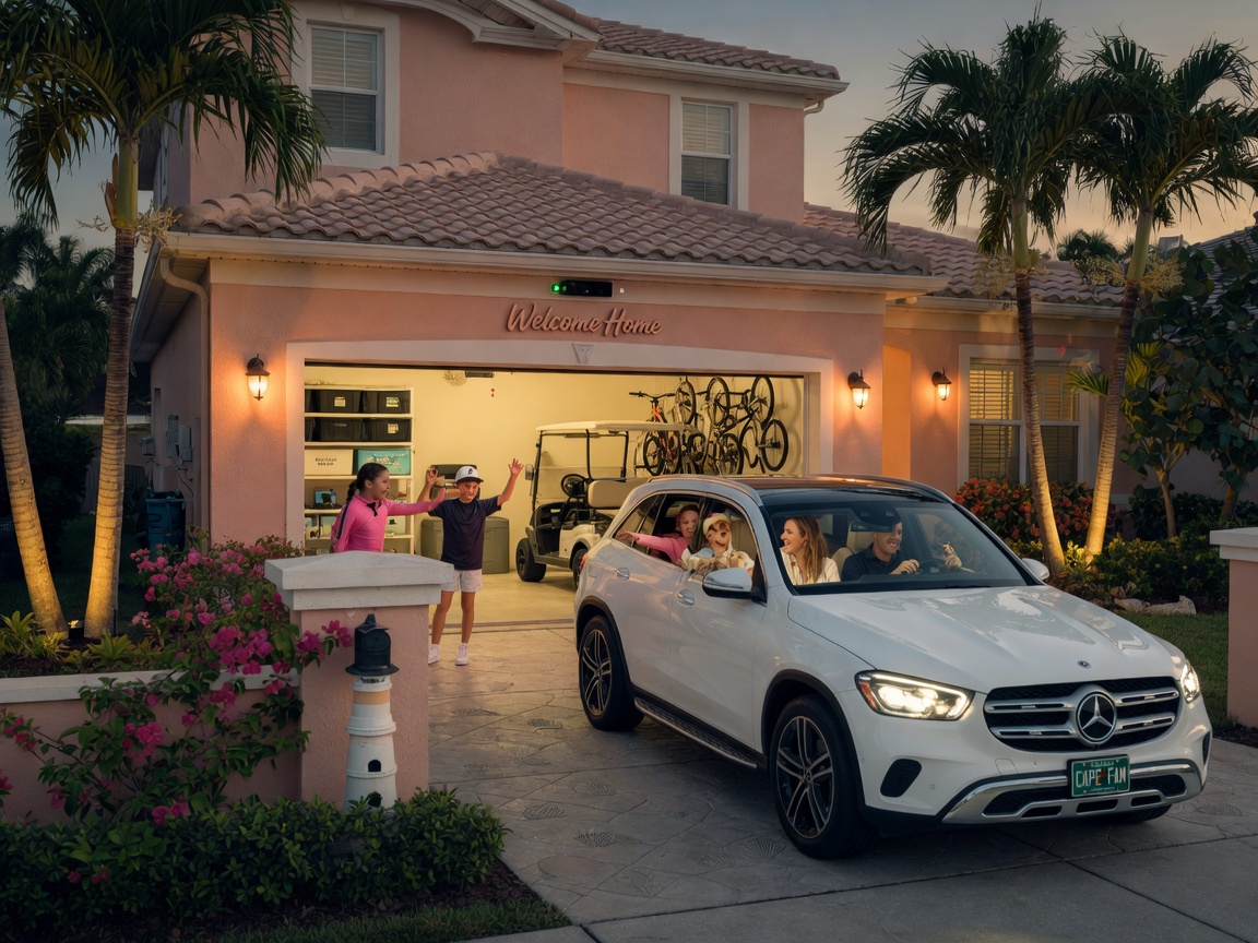 Ultra-realistic 8K lifestyle image of a family arriving home in Cape Coral, garage door opening automatically via geofencing as their car enters the driveway, warm welcoming lighting