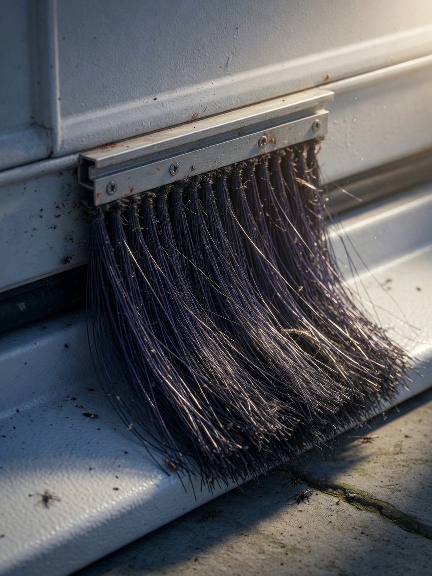 Pest prevention brush seal at bottom of garage door preventing insects and rodents from entering, extreme close-up detail, 8K resolution
