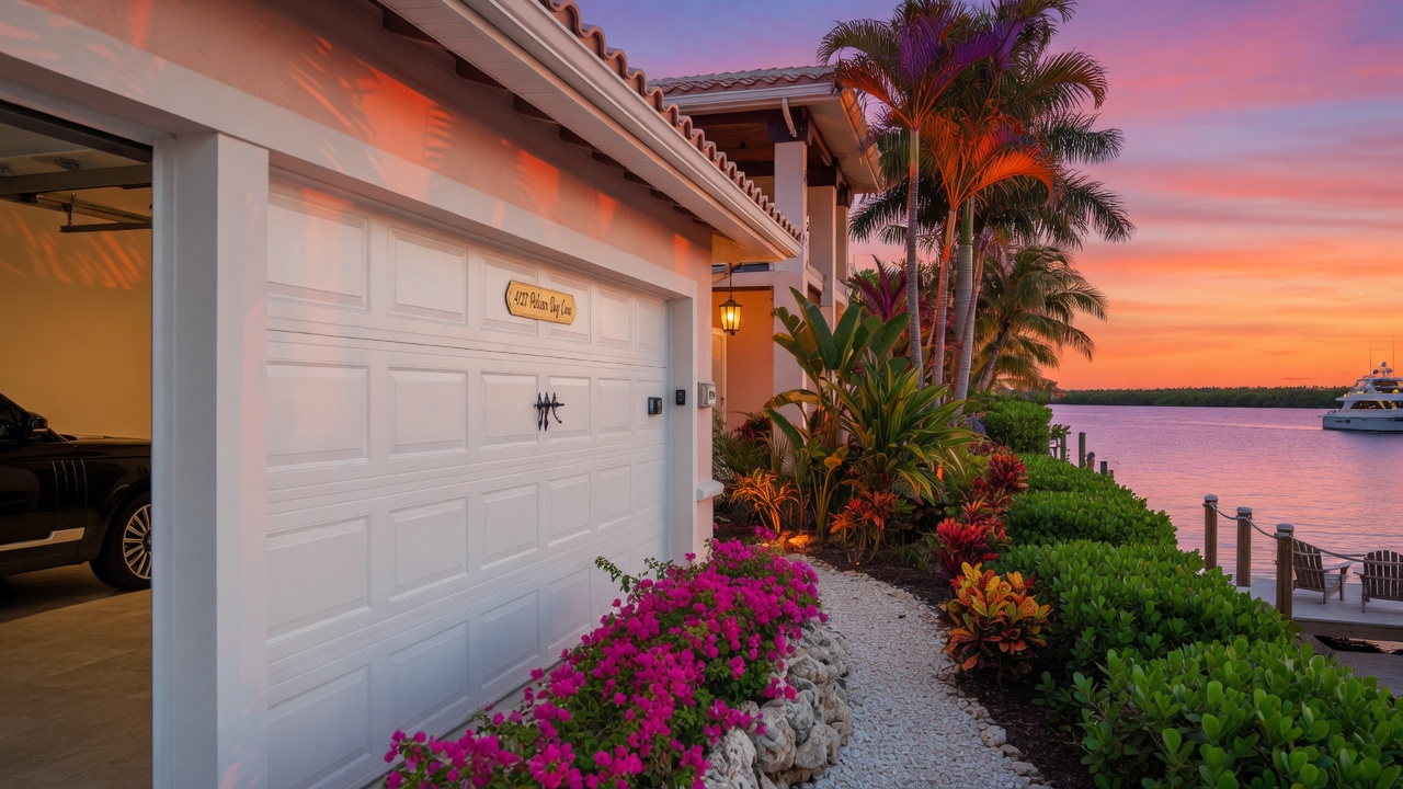 Beautiful 8K wide angle photograph of a perfectly functioning white garage door on a luxury Cape Coral waterfront home with tropical landscaping and sunset colors