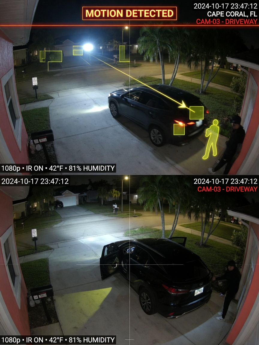 Nighttime security view from integrated garage door camera showing clear 1080p footage of driveway with motion detection highlights, realistic low-light 8K photography in Cape Coral