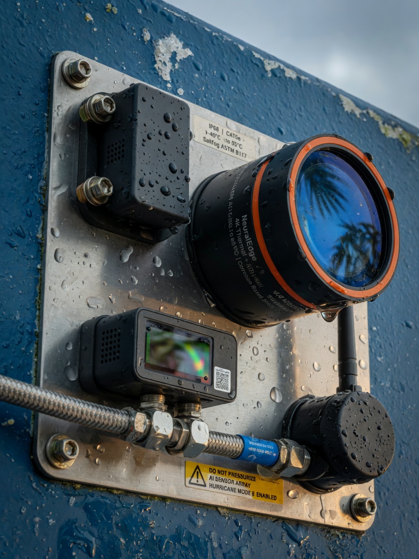 Close-up 8K technical photograph of weatherproof AI sensors and corrosion-resistant hardware designed for Florida coastal environments, water droplets visible, sharp focus