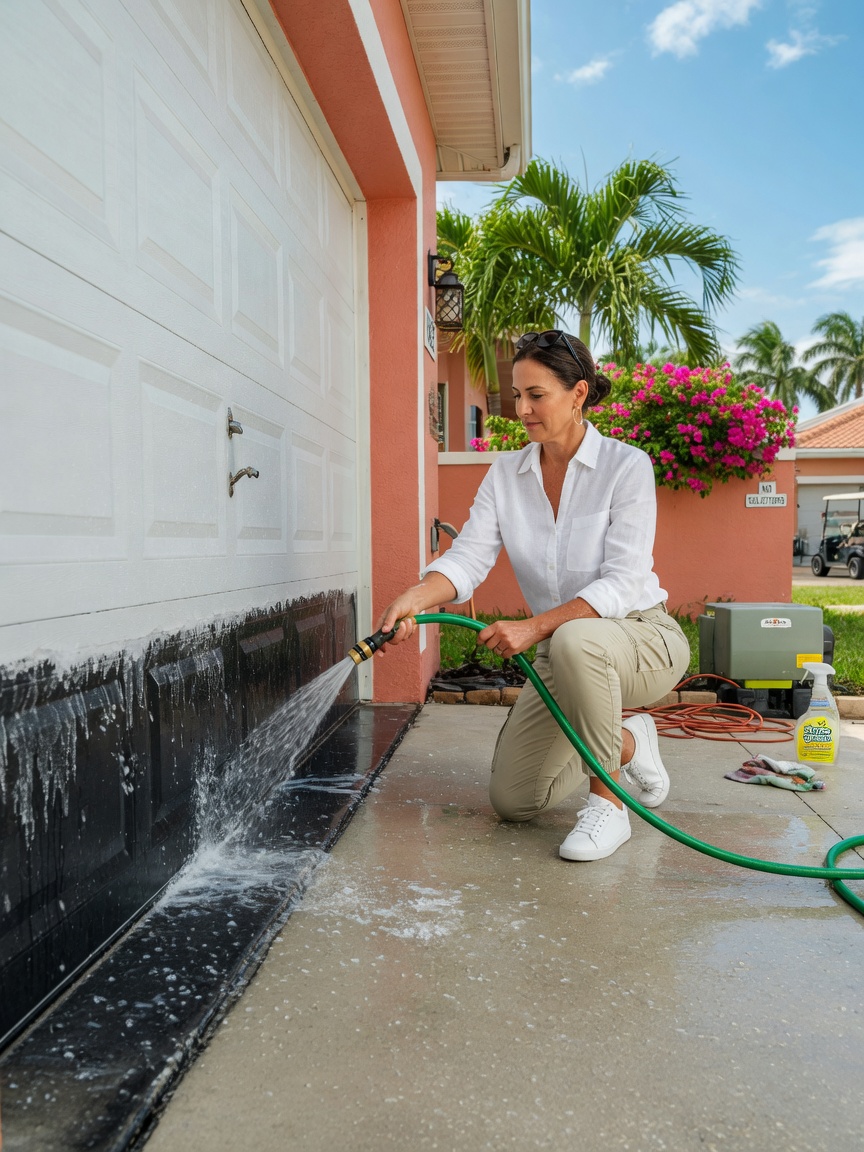 Homeowner performing monthly maintenance on garage door weather stripping, cleaning salt residue with fresh water hose in Cape Coral driveway