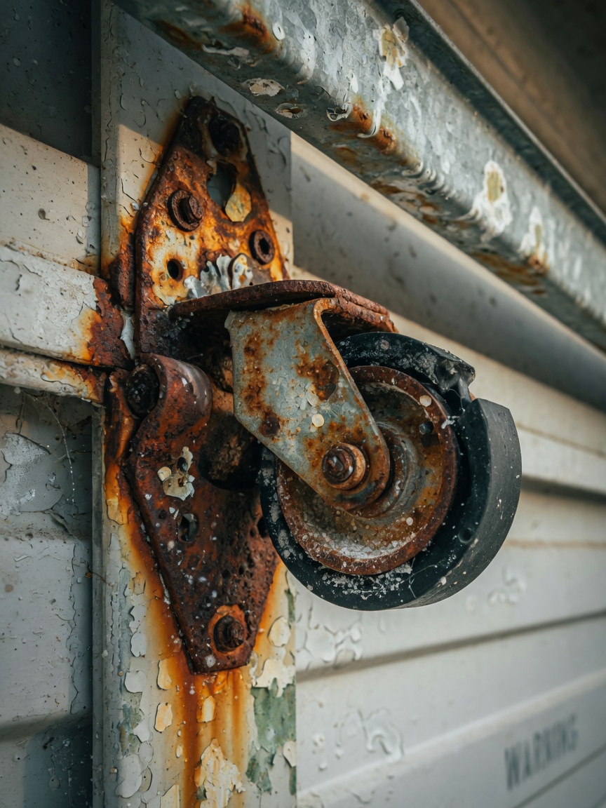 Detailed 8K macro photograph of rusted and worn garage door rollers and hinges that need replacement, showing salt air corrosion typical in coastal Florida