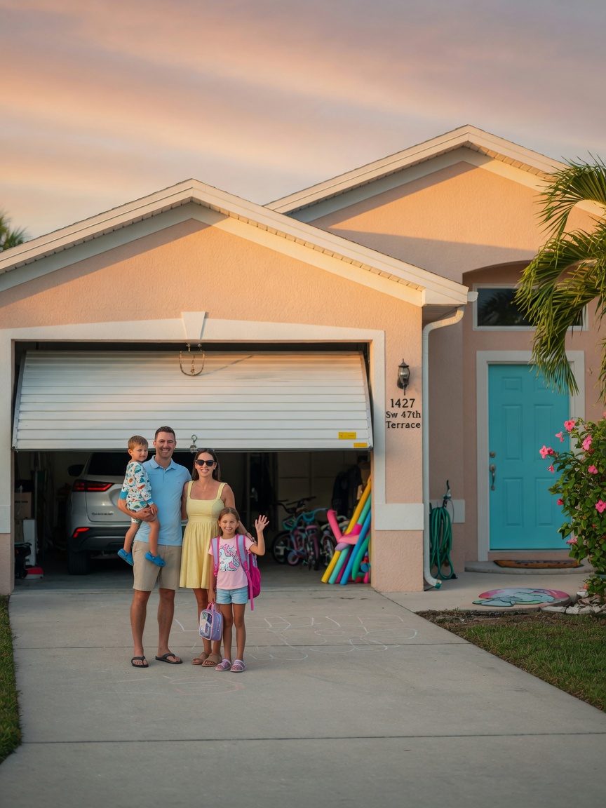 Family with young children standing safely outside their Cape Coral home as the garage door operates smoothly, warm morning light, realistic suburban scene, 8K