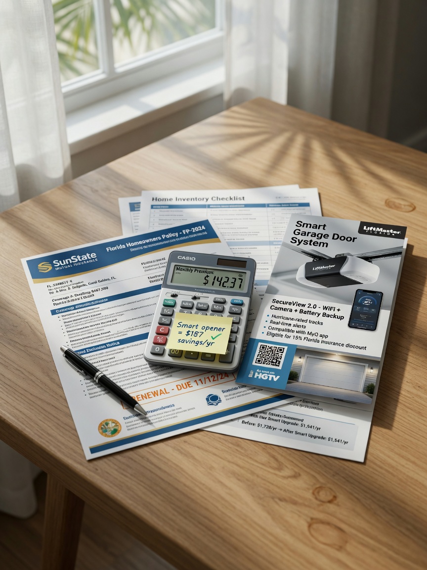 Insurance document and calculator on wooden table with smart garage door system brochure and Florida home insurance policy, natural window light, photorealistic 8K