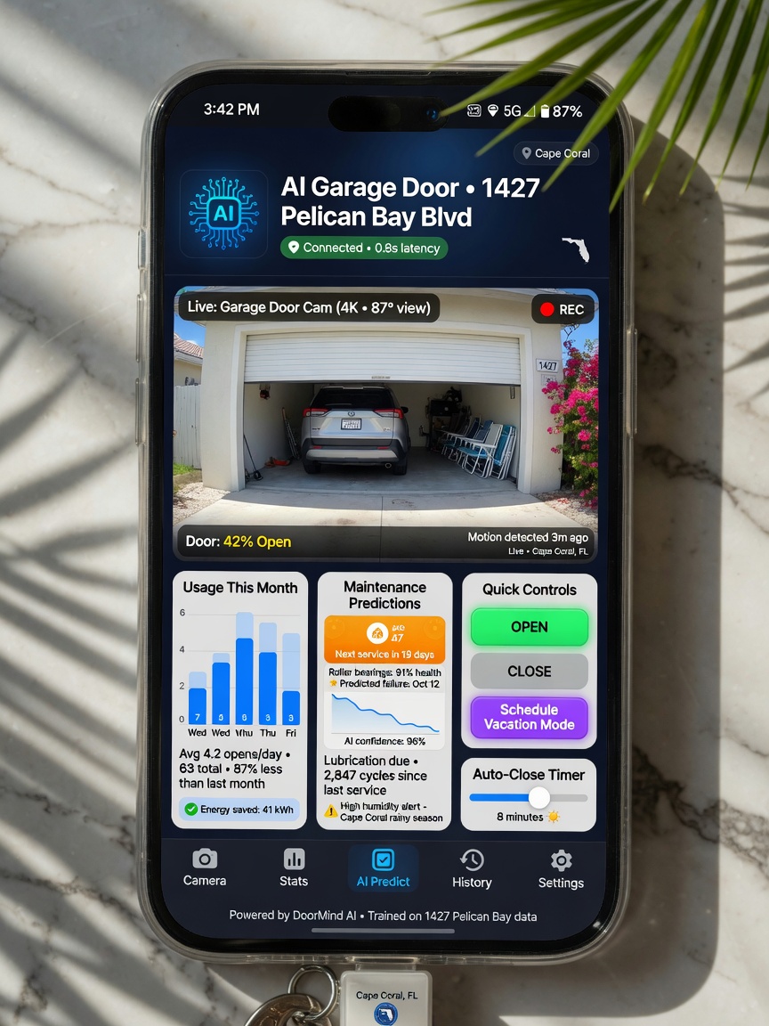 Ultra-realistic 8K image of a smartphone app interface controlling an AI garage door system, showing live camera feed, usage statistics, and maintenance predictions for Cape Coral homeowner