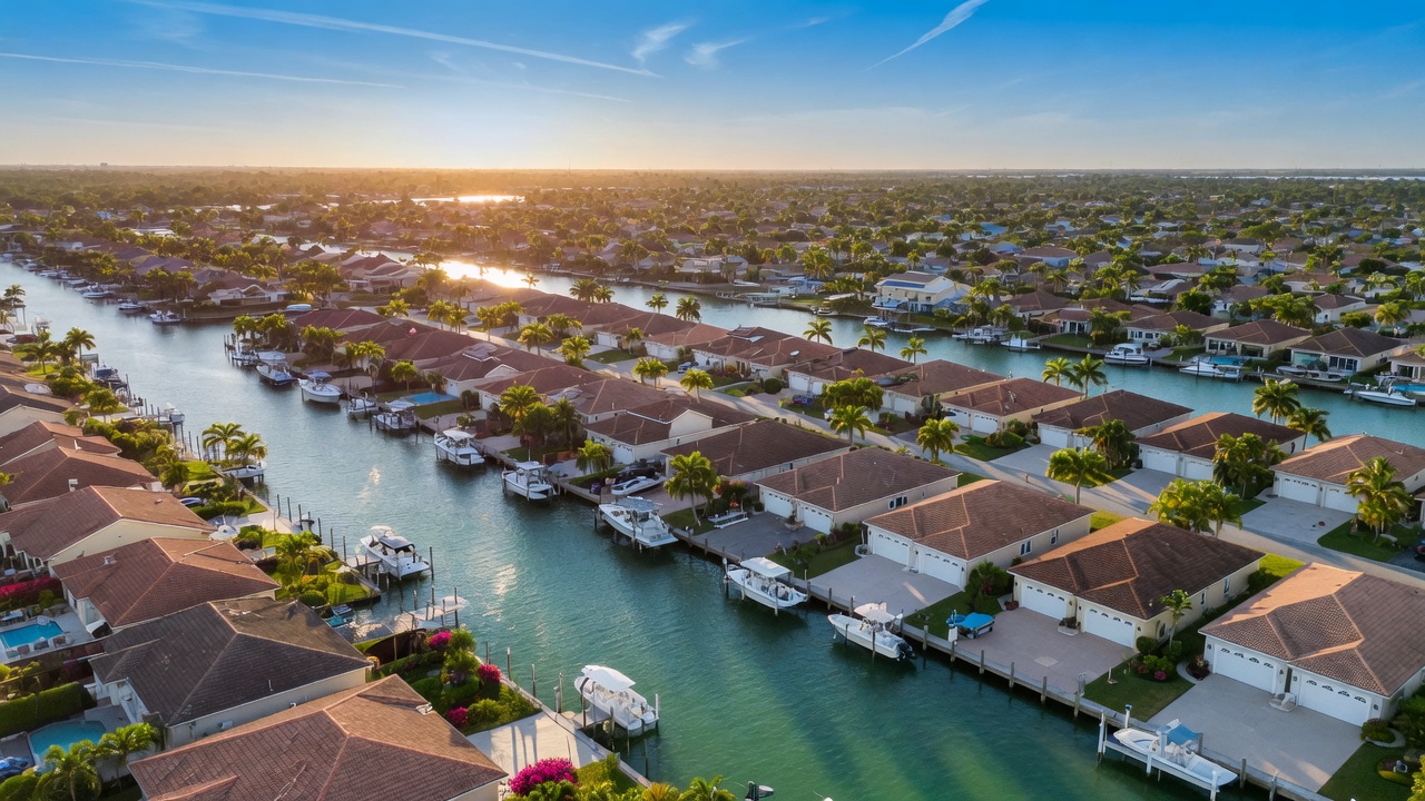 Aerial view of Cape Coral waterfront community with many homes featuring properly maintained white garage doors, sunny Florida day