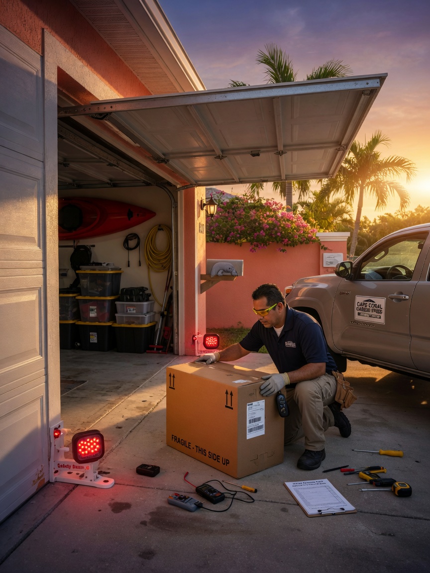 Ultra-realistic 8K image of a technician testing garage door safety reverse sensors with a cardboard box on the ground in front of an open garage door in Cape Coral