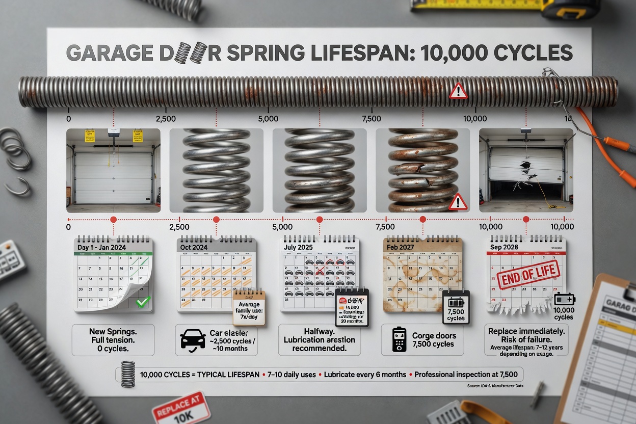 Infographic style but photorealistic image showing the 10,000 cycle lifespan of garage door springs with calendar and usage icons, clean 8K composition