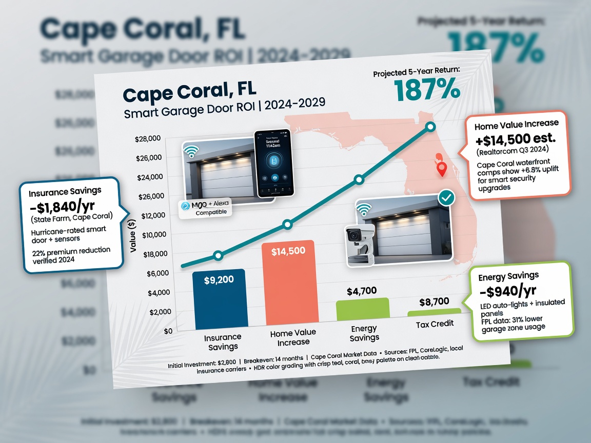 ROI financial growth chart visualization with smart garage door system icons, insurance savings, home value increase, and energy savings for Cape Coral Florida market, clean professional design