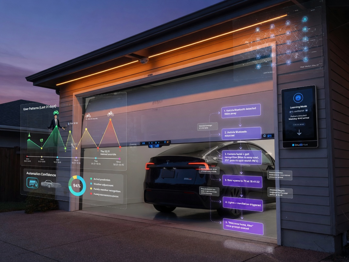 Cinematic ultra-realistic 8K shot of a smart garage door system learning user patterns, illustrated with transparent data layers showing behavioral analysis and automation sequences
