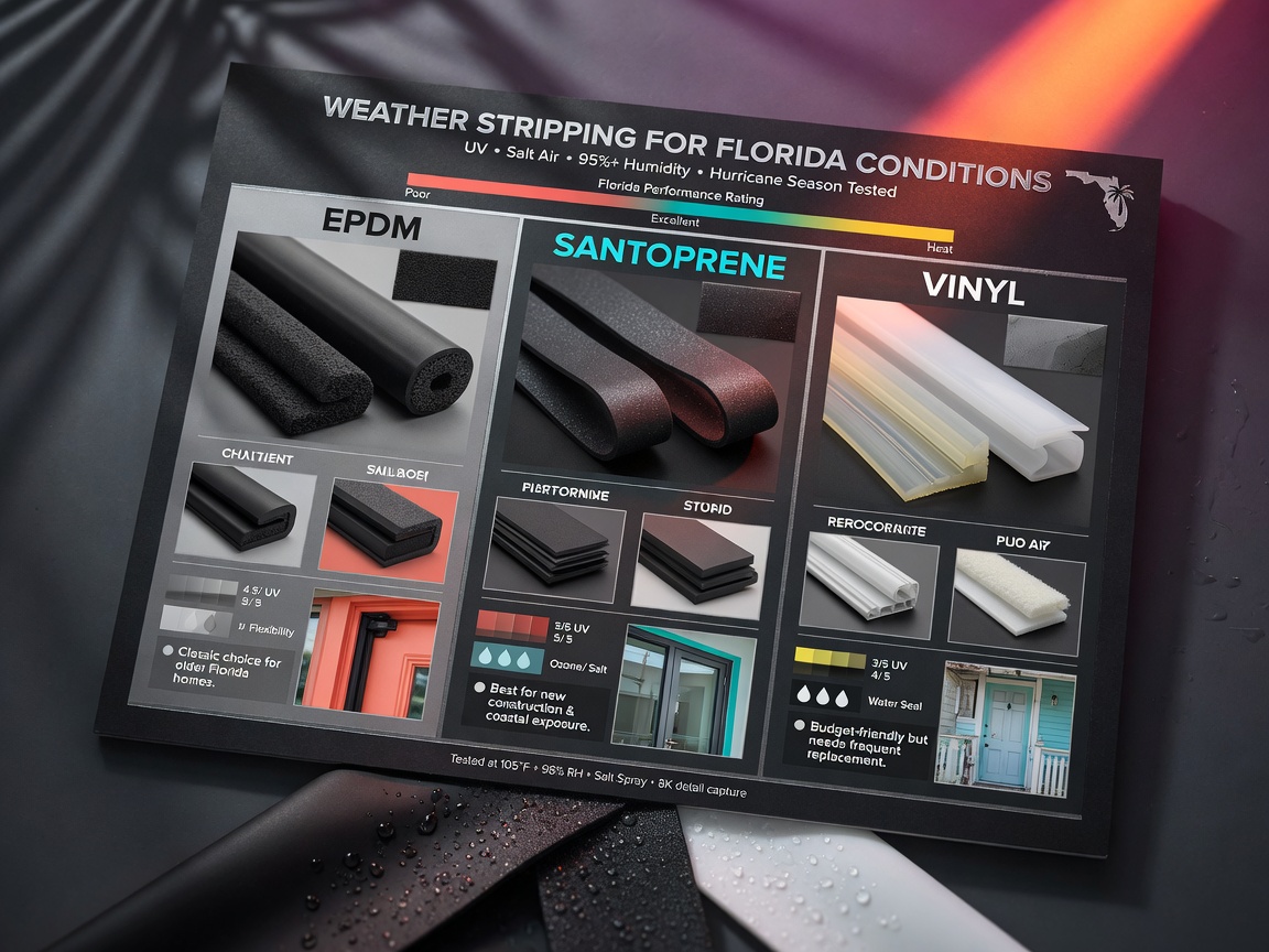 Comparison chart style realistic image showing different types of weather stripping materials used in Florida including EPDM, Santoprene, and vinyl