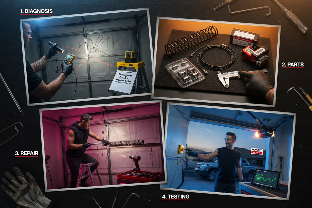 Cinematic 8K photograph showing the step-by-step process of garage door repair with four small images arranged artistically including diagnosis, parts, repair and testing