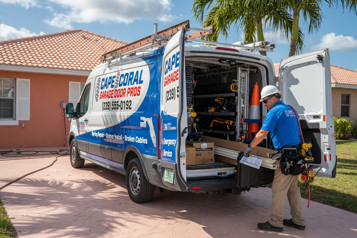 Professional garage door service van parked in a Cape Coral driveway with technician unloading equipment, bright Florida sunshine, realistic details, 8K