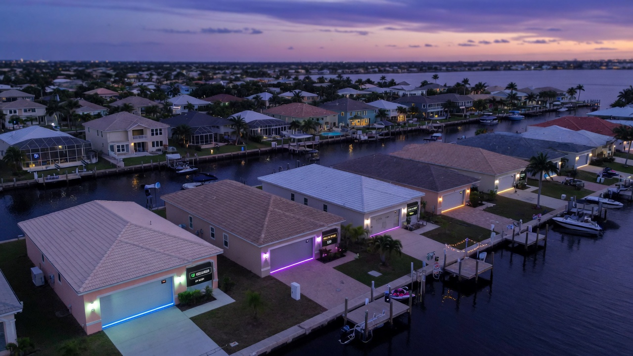 Realistic aerial drone shot of a Cape Coral Florida waterfront community with many homes featuring visible smart garage door systems at twilight with illuminated status indicators