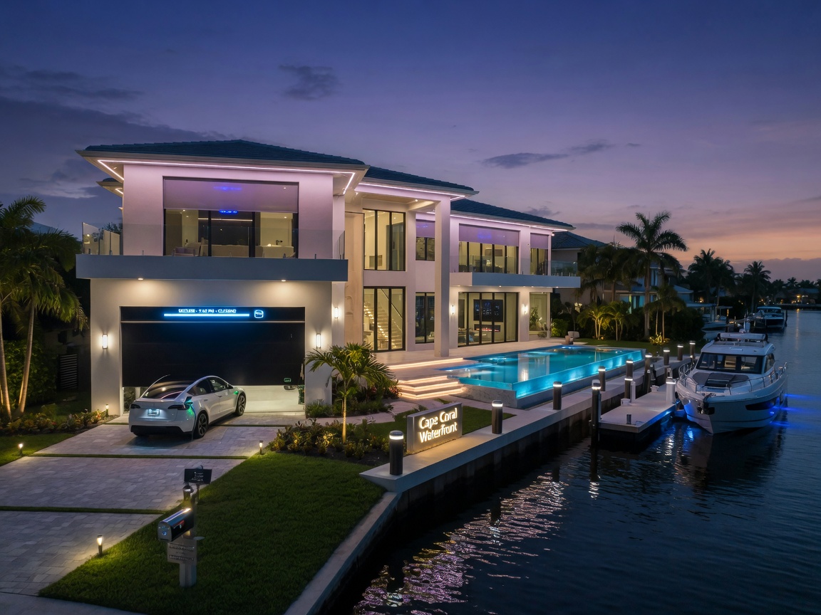 8K hyper-detailed photograph of a luxury Cape Coral waterfront property at twilight with all smart home features illuminated including the intelligent garage door system