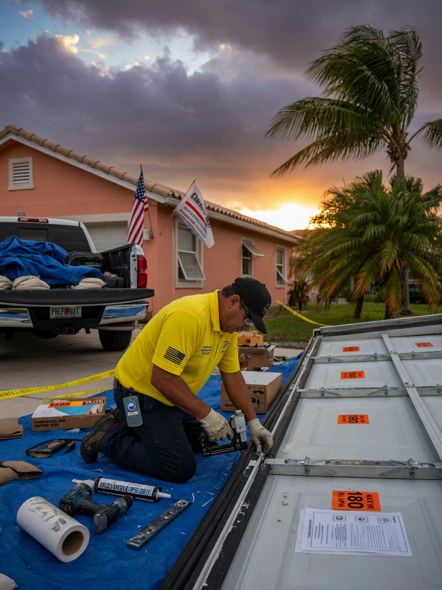 Hurricane preparation scene with technician reinforcing garage door weather seals before storm season in Cape Coral, Florida