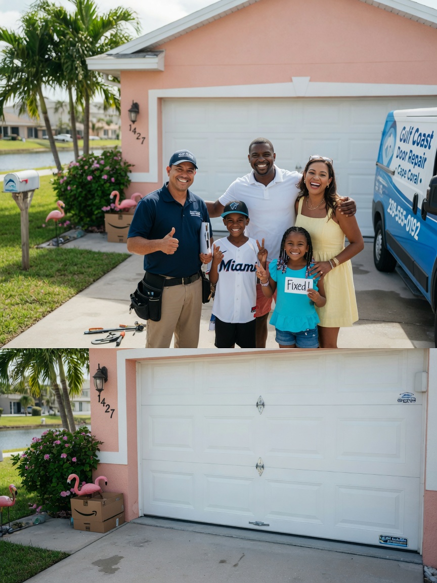 8K realistic image of a happy Cape Coral family standing in front of their newly repaired garage door with the repair technician giving thumbs up