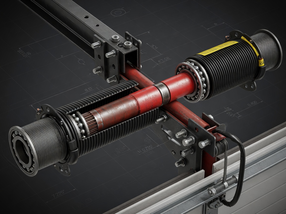 Cross section cutaway view of a garage door torsion spring system showing internal shaft, bearings, and spring coils, technical yet photorealistic 8K rendering