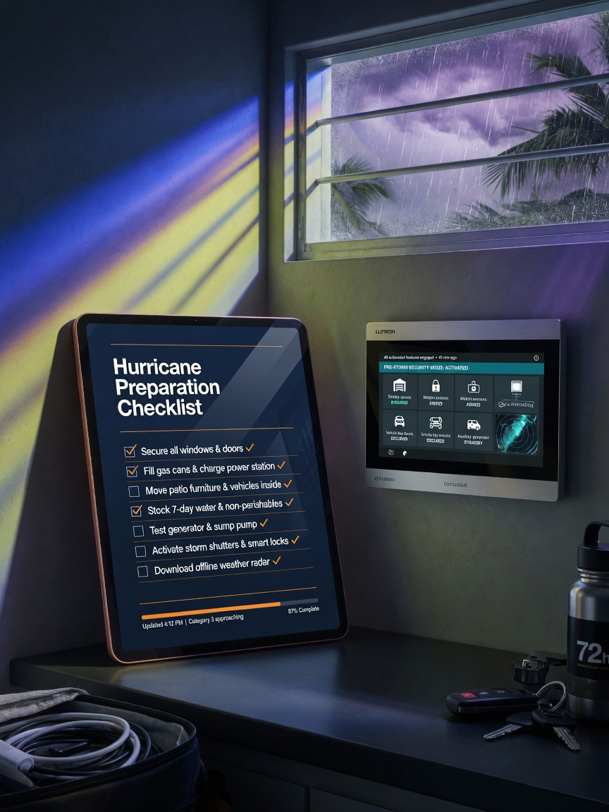 Hurricane preparation checklist on tablet device next to smart garage door control panel showing pre-storm automated security features activated, dramatic storm light through garage window