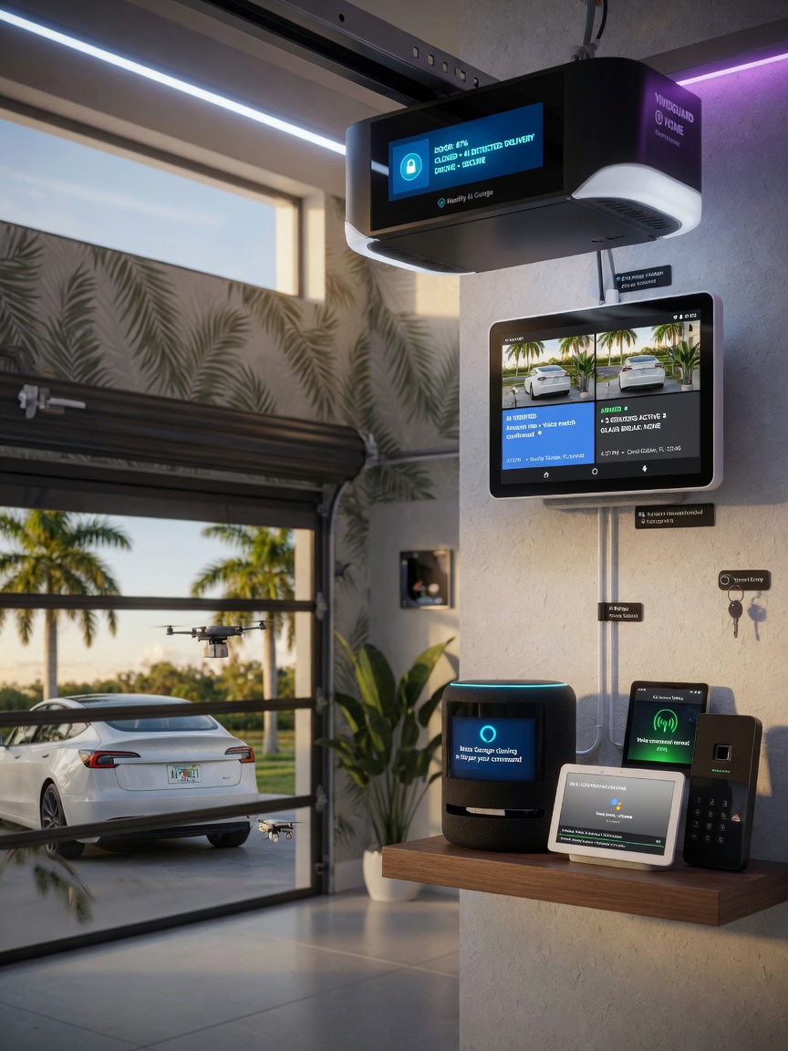 Ultra-realistic 8K image showing integration between AI garage door, home security system, and voice assistant devices working together in a modern Florida home