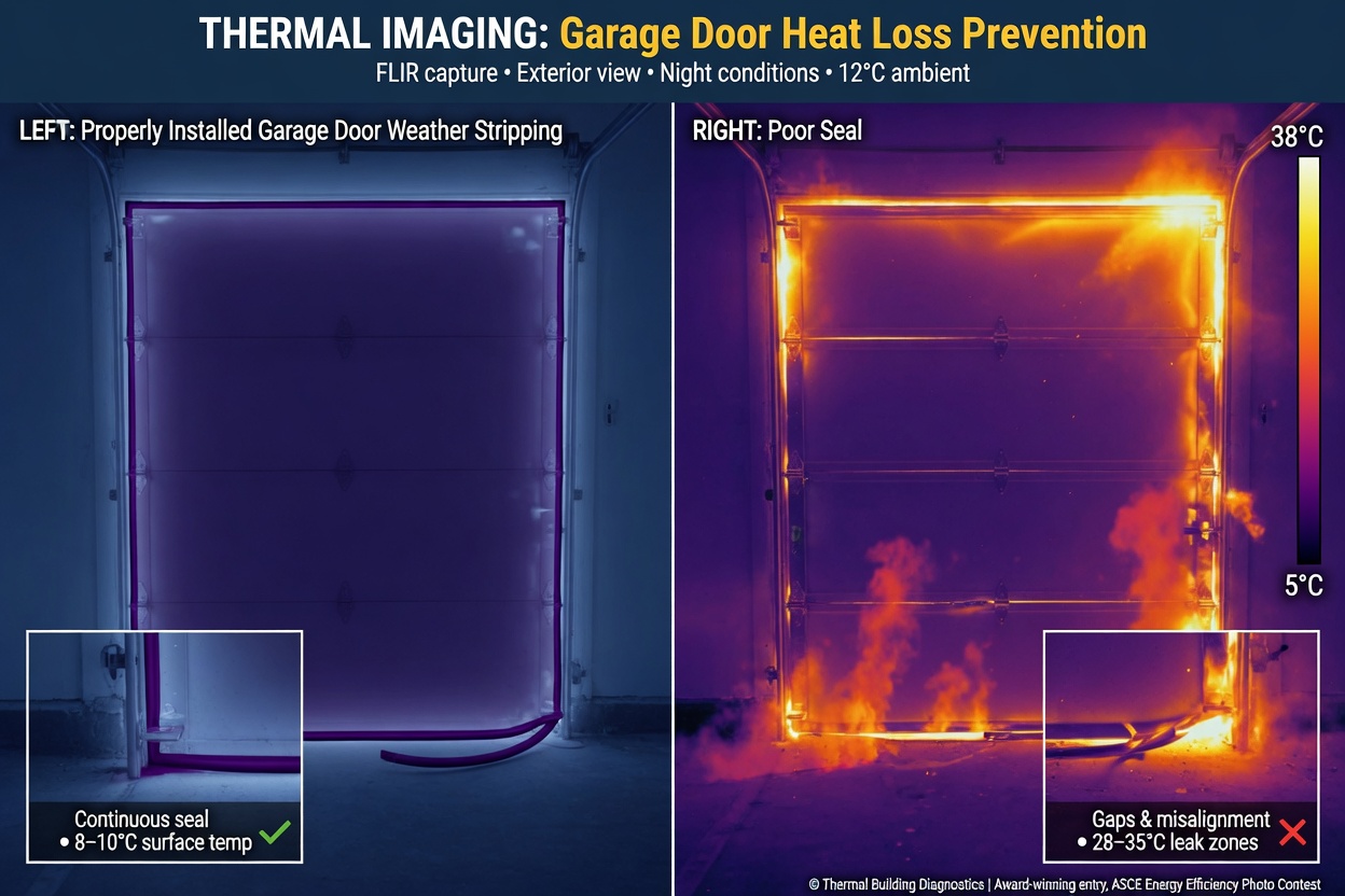 Thermal imaging photograph showing heat loss prevention through properly installed garage door weather stripping versus poor seal, scientific style