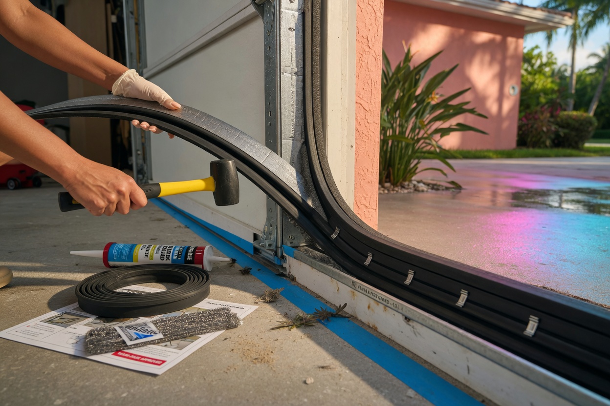 Ultra-detailed 8K photo of weatherstripping and insulation being installed on the bottom of a garage door in a Florida home to prevent flooding and pests