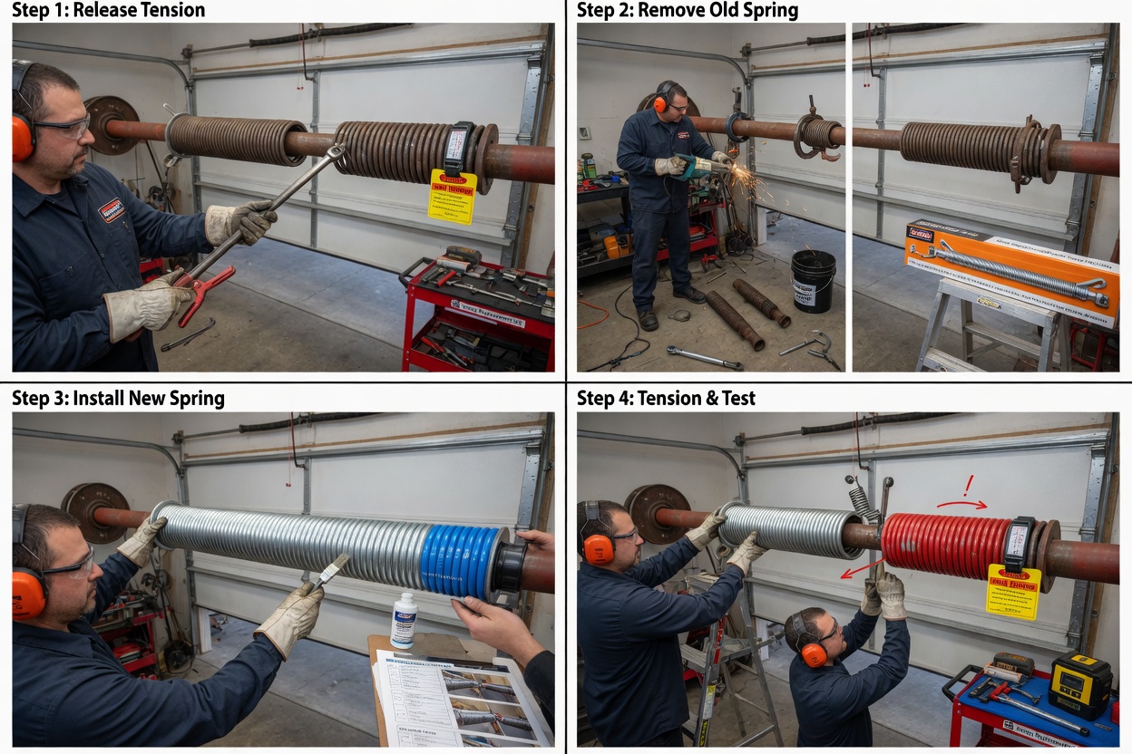 Sequence of four images showing the step-by-step professional garage door spring replacement process, ultra-realistic documentary style, 8K resolution