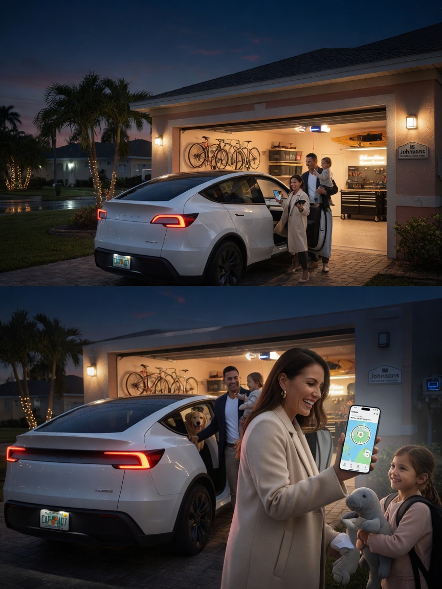 Family safely arriving home at night in Cape Coral with smart garage door opening automatically via geofencing on their smartphones, welcoming warm garage lighting, emotional realistic scene
