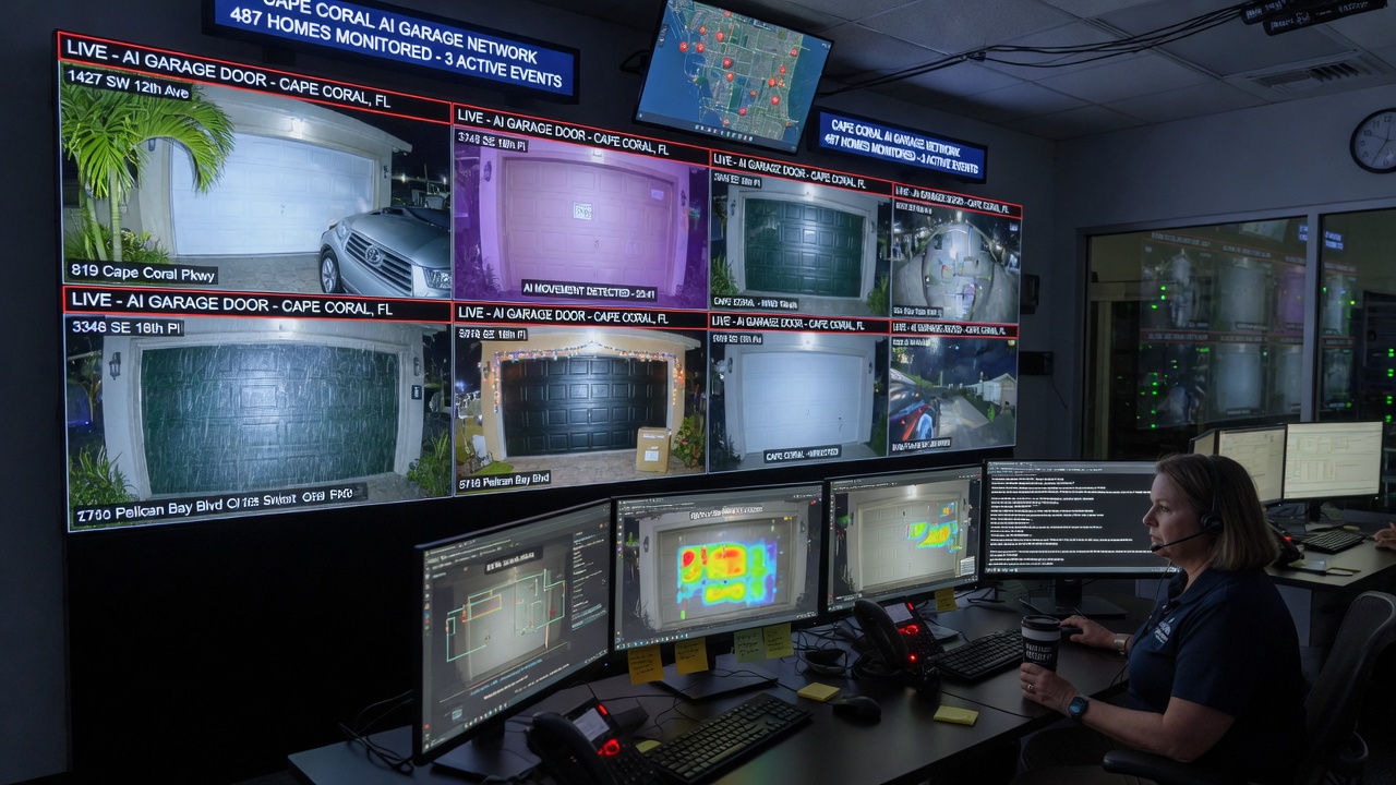 Dramatic 8K security monitoring center view with multiple AI garage door feeds from different Cape Coral homes displayed on large screens, professional monitoring environment